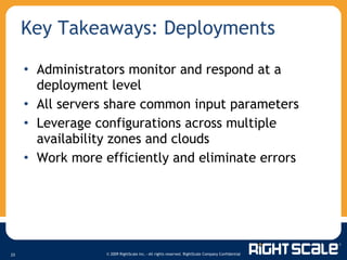 Key Takeaways: Deployments Administrators monitor and respond at a deployment level All servers share common input parameters Leverage configurations across multiple availability zones and clouds Work more efficiently and eliminate errors 