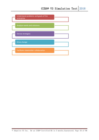 CCBA® V3 Simulation Test 2018
© Adaptive US Inc. Be an IIBA® Certified BA in 3 months.Guaranteed. Page 16 of 90
Understand problems and goals of the
enterprise
Analyze needs and solutions
Devise strategies
Drive change
Facilitate stakeholder collaboration
 