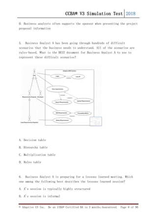 CCBA® V3 Simulation Test 2018
© Adaptive US Inc. Be an IIBA® Certified BA in 3 months.Guaranteed. Page 8 of 90
D. Business analysts often supports the sponsor when presenting the project
proposal information
5. Business Analyst A has been going through hundreds of difficult
scenarios that the business needs to understand. All of the scenarios are
rules-based. What is the BEST document for Business Analyst A to use to
represent these difficult scenarios?
A. Decision table
B. Hierarchy table
C. Multiplication table
D. Rules table
6. Business Analyst A is preparing for a lessons learned meeting. Which
one among the following best describes the lessons learned session?
A. A's session is typically highly structured
B. A's session is informal
 