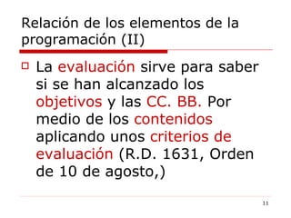 Relación de los elementos de la programación (II) La  evaluación  sirve para saber si se han alcanzado los  objetivos  y las  CC. BB.  Por medio de los  contenidos  aplicando unos  criterios de   evaluación  (R.D. 1631, Orden de 10 de agosto,) 