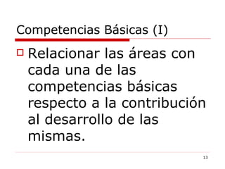Competencias Básicas (I) Relacionar las áreas con cada una de las competencias básicas respecto a la contribución al desarrollo de las mismas. 