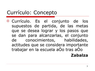 Currículo: Concepto Currículo. Es el conjunto de los supuestos de partida, de las metas que se desea lograr y los pasos que se dan para alcanzarlas, el conjunto de conocimientos, habilidades, actitudes que se considera importante trabajar en la escuela año tras año  Zabalza 