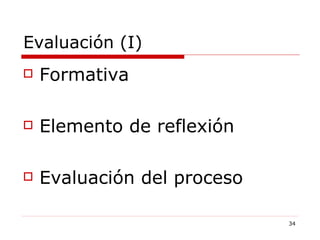 Evaluación (I) Formativa Elemento de reflexión Evaluación del proceso 