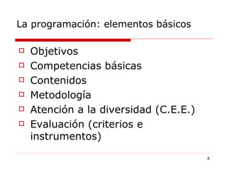 La programación: elementos básicos Objetivos  Competencias básicas Contenidos Metodología Atención a la diversidad (C.E.E.) Evaluación (criterios e instrumentos) 