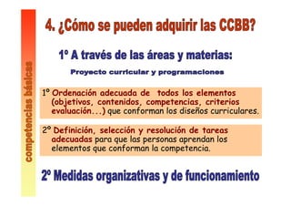1º Ordenación adecuada de todos los elementos
(objetivos, contenidos, competencias, criterios
evaluación...) que conforman los diseños curriculares.
2º Definición, selección y resolución de tareas
adecuadas para que las personas aprendan los
elementos que conforman la competencia.
 