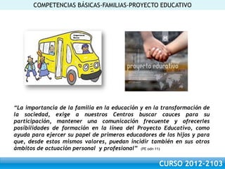 COMPETENCIAS BÁSICAS-FAMILIAS-PROYECTO EDUCATIVO




“La importancia de la familia en la educación y en la transformación de
la sociedad, exige a nuestros Centros buscar cauces para su
participación, mantener una comunicación frecuente y ofrecerles
posibilidades de formación en la línea del Proyecto Educativo, como
ayuda para ejercer su papel de primeros educadores de los hijos y para
que, desde estos mismos valores, puedan incidir también en sus otros
ámbitos de actuación personal y profesional” (PE odn 11)

                                                    CURSO 2012-2103
 