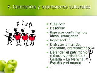 7. Conciencia y expresiones culturales
 Observar
 Descifrar
 Expresar sentimientos,
ideas, emociones
 Representar
 Disfrutar pintando,
cantando, dramatizando…
 Defender el patrimonio
cultural y artístico de
Castilla – La Mancha,
España y el mundo
 …
 