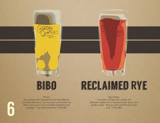 bibo reclaimed Rye
Pilsner.
True pilsner with ingredients from five different
countries that has a “pronounced continental hop
flavor and aroma in an incredibly well-balanced
package.” Dry and Quenching. 5.5% ABV
Rye Amber.
“Complex and flavorful” amber ale.
Delicate undertones of toasted bread, spice, and
subtle vanilla. “Easy to drink with friends at the
pub.” 5.5% ABV
6
 