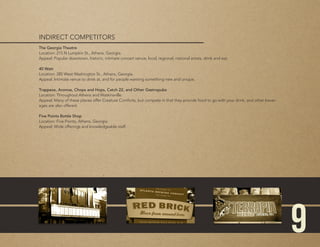 9
The Georgia Theatre
Location: 215 N Lumpkin St., Athens, Georgia.
Appeal: Popular downtown, historic, intimate concert venue, local, regional, national artists, drink and eat.
40 Watt
Location: 285 West Washington St., Athens, Georgia.
Appeal: Intimate venue to drink at, and for people wanting something new and unique.
Trappeze, Aromas, Chops and Hops, Catch 22, and Other Gastropubs
Location: Throughout Athens and Watkinsville.
Appeal: Many of these places offer Creature Comforts, but compete in that they provide food to go with your drink, and other bever-
ages are also offered.
Five Points Bottle Shop
Location: Five Points, Athens, Georgia.
Appeal: Wide offerings and knowledgeable staff.
INDIRECT COMPETITORS
 