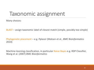 Taxonomic assignment
Many choices:
BLAST – assign taxonomic label of closest match (simple, possibly too simple)
Phylogenetic placement – e.g. Pplacer (Matsen et al., BMC Bioinformatics
2010)
Machine-learning classification, in particular Naïve Bayes e.g. RDP Classifier,
Wang et al. (2007) BMC Bioinformatics
32
 