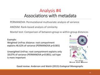 Analysis #4
Associations with metadata
PERMANOVA: Permutational multivariate analysis of variance
ANOSIM: Rank-based analysis of similarity
Mantel test: Comparison of between-group vs within-group distances
41
Good review: Anderson and Walsh (2013) Ecological Monographs
Example:
Weighted UniFrac distance: root compartment
explains 46.62% of variance (PERMANOVA p<0.001)
Unweighted UniFrac: root compartment explains only
18.07% of variance (PERMANOVA p<0.001); soil type
is more important
 