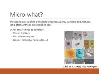 Micro-what?
Metagenomics is often defined to encompass only Bacteria and Archaea
(and often Archaea are excluded too!)
Other small things to consider:
◦ Viruses / phages
◦ Microbial eukaryotes
◦ Worms (helminths, nematodes, …)
7
Lukeš et al. (2015) PLoS Pathogens
 