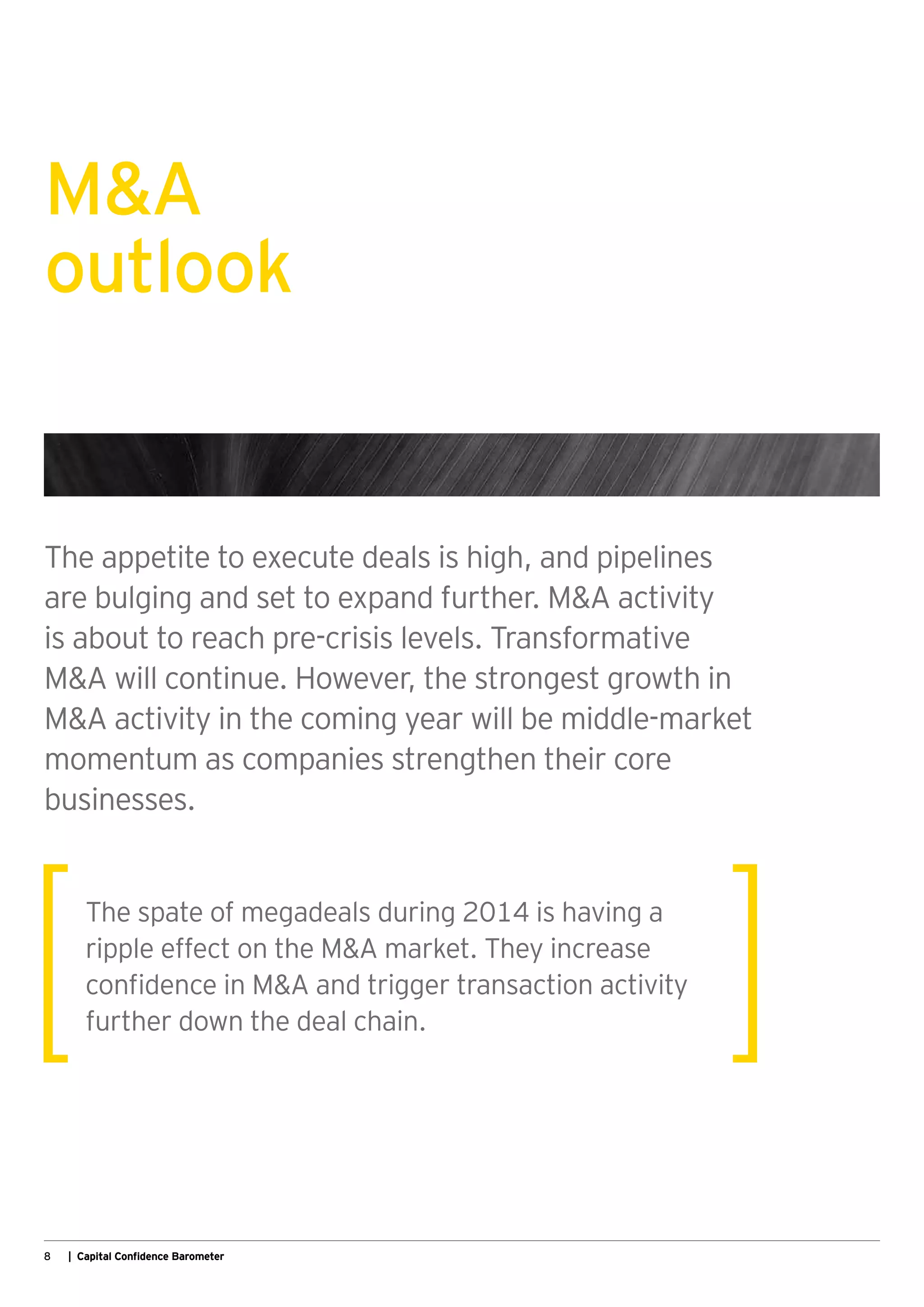8 | Capital Confidence Barometer
MA
outlook
The appetite to execute deals is high, and pipelines
are bulging and set to expand further. MA activity
is about to reach pre-crisis levels. Transformative
MA will continue. However, the strongest growth in
MA activity in the coming year will be middle-market
momentum as companies strengthen their core
businesses.
The spate of megadeals during 2014 is having a
ripple effect on the MA market. They increase
confidence in MA and trigger transaction activity
further down the deal chain.
 