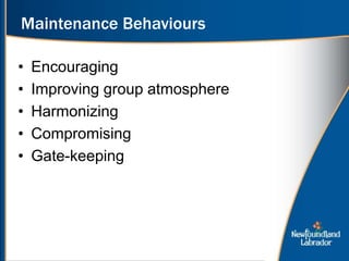 Maintenance Behaviours
• Encouraging
• Improving group atmosphere
• Harmonizing
• Compromising
• Gate-keeping
 