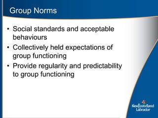 Group Norms
• Social standards and acceptable
behaviours
• Collectively held expectations of
group functioning
• Provide regularity and predictability
to group functioning
 