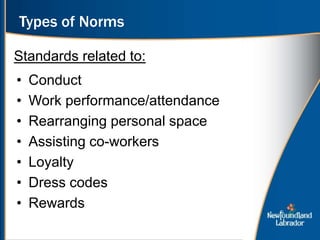 Types of Norms
• Conduct
• Work performance/attendance
• Rearranging personal space
• Assisting co-workers
• Loyalty
• Dress codes
• Rewards
Standards related to:
 
