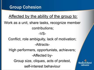 Affected by the ability of the group to:
Group Cohesion
Work as a unit, share tasks, recognize member
contributions;
-VS-
Conflict, role ambiguity, lack of motivation;
-Attracts-
High performers, opportunists, achievers;
-Affected by-
Group size, cliques, acts of protest,
self-interest behaviour
 