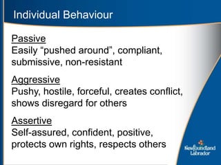 Individual Behaviour
Passive
Easily “pushed around”, compliant,
submissive, non-resistant
Aggressive
Pushy, hostile, forceful, creates conflict,
shows disregard for others
Assertive
Self-assured, confident, positive,
protects own rights, respects others
 