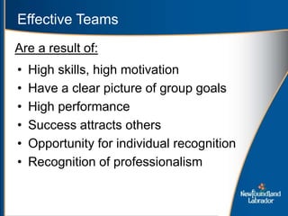 Effective Teams
• High skills, high motivation
• Have a clear picture of group goals
• High performance
• Success attracts others
• Opportunity for individual recognition
• Recognition of professionalism
Are a result of:
 