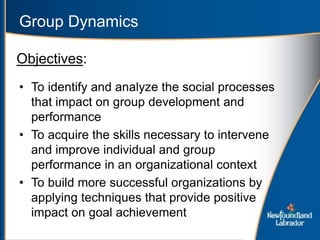 Group Dynamics
• To identify and analyze the social processes
that impact on group development and
performance
• To acquire the skills necessary to intervene
and improve individual and group
performance in an organizational context
• To build more successful organizations by
applying techniques that provide positive
impact on goal achievement
Objectives:
 