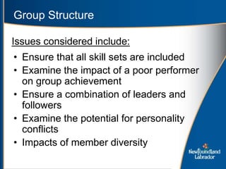 Group Structure
• Ensure that all skill sets are included
• Examine the impact of a poor performer
on group achievement
• Ensure a combination of leaders and
followers
• Examine the potential for personality
conflicts
• Impacts of member diversity
Issues considered include:
 