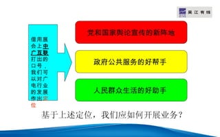 LOGO


       党和国家舆论宣传的新阵地
借用展
会上 中
广互联
打出的
口号，
        政府公共服务的好帮手
我们可
以对广
电行业
的发展     人民群众生活的好助手
作出定
位
  基于上述定位，我们应如何开展业务？
 