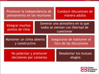 Promover la independencia de
pensamiento en las reuniones
Integrar muchos
puntos de vista

Conducir discusiones de
manera adulta

Generar una atmosfera en la que
todos se sientan con libertad de
cuestionar

Mantener un clima abierto
y constructivo

No polarizar y promover
decisiones por consenso

Asegurarse de mantener el
foco de las discusiones

Desalentar los mutuos
elogios

 