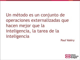 Un método es un conjunto de
operaciones externalizadas que
hacen mejor que la
inteligencia, la tarea de la
inteligencia

Paul Valéry

 
