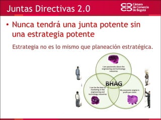 Juntas Directivas 2.0
• Nunca tendrá una junta potente sin
una estrategia potente
Estrategia no es lo mismo que planeación estratégica.

 