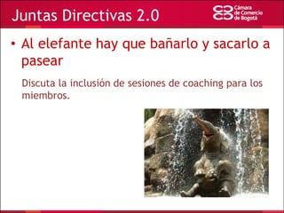 Juntas Directivas 2.0
• Al elefante hay que bañarlo y sacarlo a
pasear
Discuta la inclusión de sesiones de coaching para los
miembros.

 