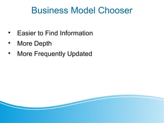 Business Model Chooser

Easier to Find Information

More Depth

More Frequently Updated
 