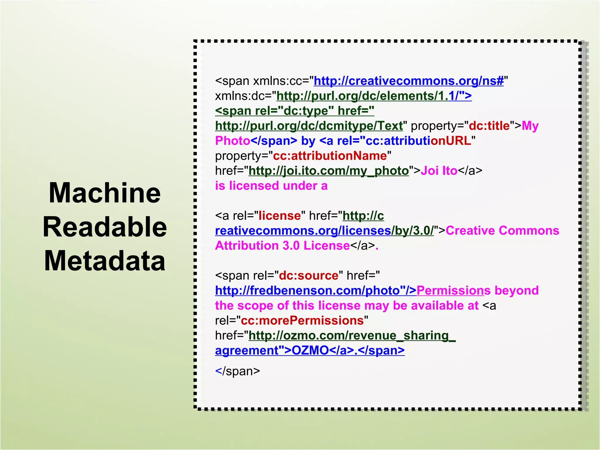 <span xmlns:cc="http://creativecommons.org/ns#"
           xmlns:dc="http://purl.org/dc/elements/1.1/">
                                                    1
           <span rel="dc:type" href="
           http://purl.org/dc/dcmitype/Text" property="dc:title">My
           Photo</span> by <a rel="cc:attributionURL"
           property="cc:attributionName"
           href="http://joi.ito.com/my_photo">Joi Ito</a>

Machine    is licensed under a

           <a rel="license" href="http://c
Readable   reativecommons.org/licenses/by/3.0/">Creative Commons
           Attribution 3.0 License</a>.
Metadata   <span rel="dc:source" href="
           h
           http://fredbenenson.com/photo"/>Permissions beyond
           the scope of this license may be available at <a
           rel="cc:morePermissions"
           href="http://ozmo.com/revenue_sharing_
           agreement">OZMO</a>.</span>
           </span>
 