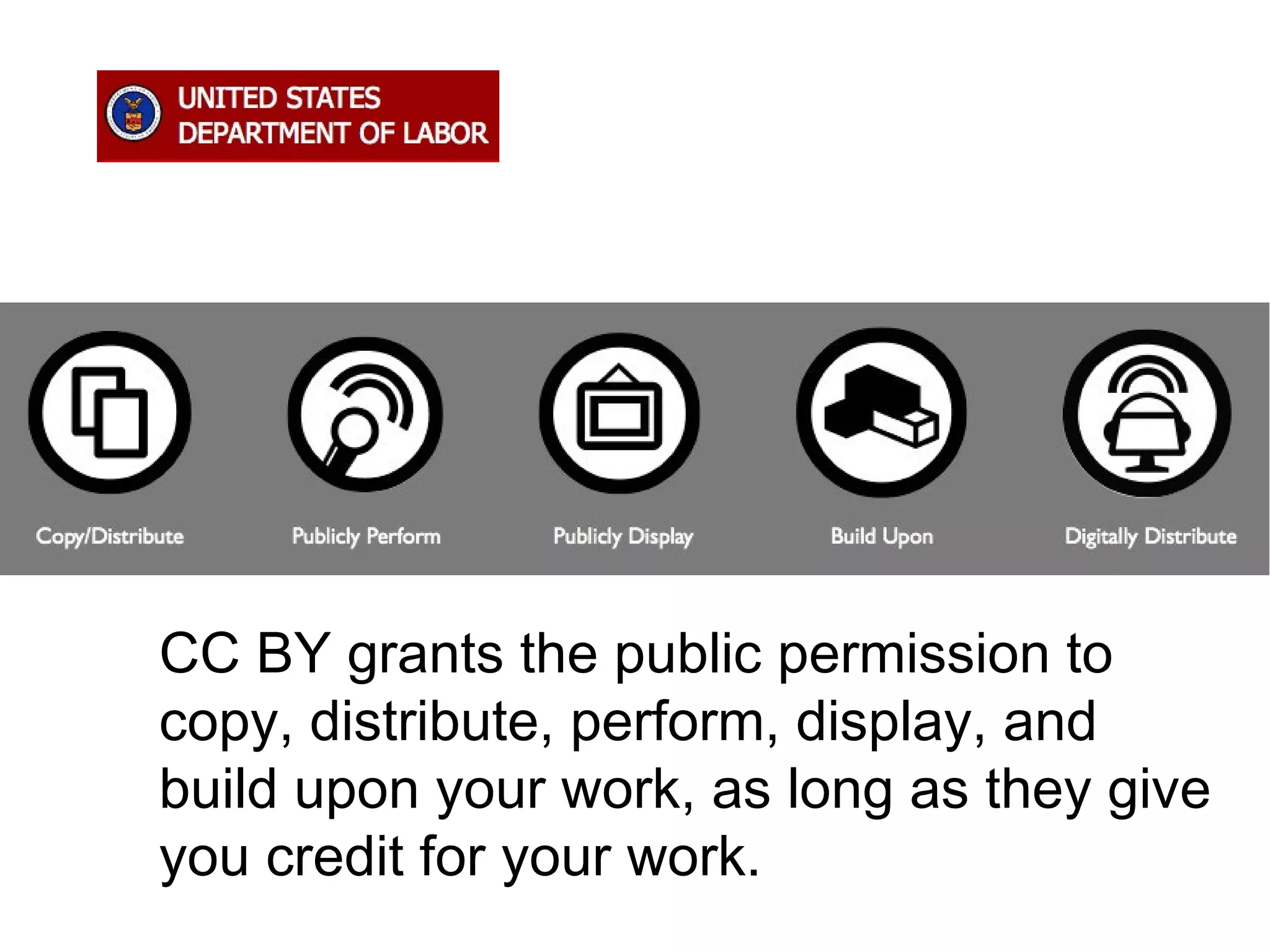CC BY grants the public permission to
copy, distribute, perform, display, and
build upon your work, as long as they give
you credit for your work.

 