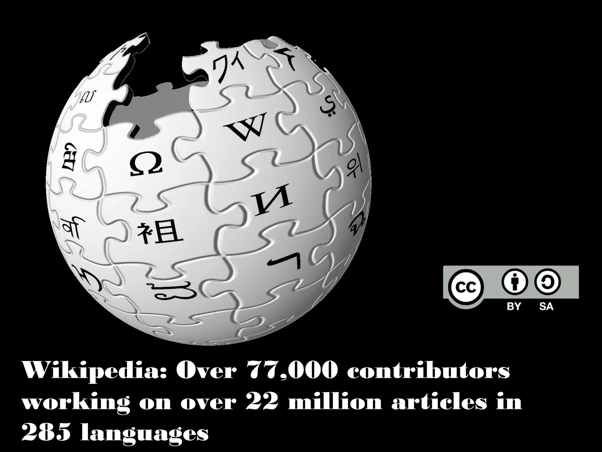 Wikipedia: Over 77,000 contributors
working on over 22 million articles in
285 languages

 