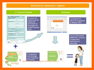 1° Control Prenatal Solicitud de credencial y registro Municipio  El centro de salud envía las copias del formulario al Encargado de la Red Comunal ChCC A la gestante se le entrega una Credencial Provisoria Se ingresan los datos de la gestante el Módulo ChCC  Con la información  MIDEPLAN  envía las Credenciales Definitivas al Municipio 