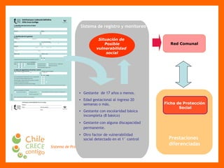 Red Comunal Ficha de Protección  Social Gestante  de 17 a ñ os o menos. Edad gestacional al ingreso 20 semanas o m á s. Gestante con escolaridad b á sica incompleta (8 b á sico) Gestante con alguna discapacidad permanente.   Otro factor de vulnerabilidad social detectado en el 1° control  Sistema de registro y monitoreo Prestaciones diferenciadas Situación de  Posible vulnerabilidad  social 