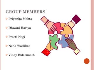GROUP MEMBERS Priyanka Mehta Dhwani Hariya Preeti Negi Neha Worlikar Vinay Bidarimath 