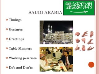 SAUDI ARABIA Timings Gestures Greetings Table Manners  Working practices Do's and Don'ts 