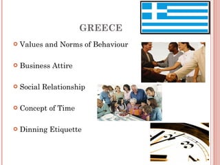 GREECE Values and Norms of Behaviour Business Attire Social Relationship Concept of Time Dinning Etiquette 