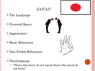 JAPAN The Language Personal Space Appearance Basic Behaviour Non Verbal Behaviour Paralanguage  Those who know do not speak-those who speak do not know 