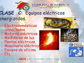 CLASE C: Equipos eléctricos
energizados.
o Electrodomésticos
conectados
o Motores eléctricos
o Medidores de luz
o Plantas eléctricas
o Maquinaria eléctrica
o Equipos de oficina
o Etc.
Nunca utilice AGUA para controlar estos tipos de incendios…
 