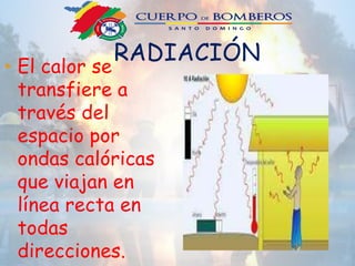 RADIACIÓN
• El calor se
transfiere a
través del
espacio por
ondas calóricas
que viajan en
línea recta en
todas
direcciones.
 