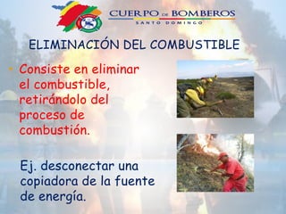 ELIMINACIÓN DEL COMBUSTIBLE
• Consiste en eliminar
el combustible,
retirándolo del
proceso de
combustión.
Ej. desconectar una
copiadora de la fuente
de energía.
 