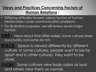 Views and Practices Concerning Factors of 
Human Relations : 
Differing attitudes toward various factors of human 
relationships cause communication problems. 
For illustrative purposes, we will review seven major 
factors: 
TIME : Views about time differ widely. Some cultures stress 
punctuality and some do not. 
SPACE : Space is viewed differently by different 
culture. In some cultures, people want to be far 
apart and in other cultures, they want to be 
close. 
ODORS : Some cultures view body odors as bad 
and others view them as normal. 
 