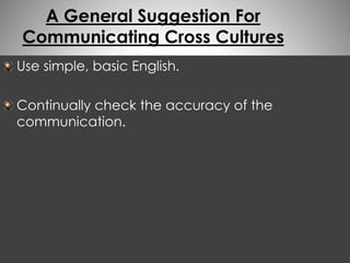 A General Suggestion For 
Communicating Cross Cultures 
Use simple, basic English. 
Continually check the accuracy of the 
communication. 
 