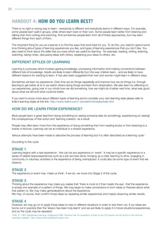 HANDOUT 4: HOW DO YOU LEARN BEST?
There is no right or wrong way to learn - everybody is different and everybody learns in different ways. For example,
some people learn well in groups, while others learn best on their own. Some people learn better from listening and
talking than from writing and watching. And sometimes people learn from all of these approaches, but may learn
different things from each of them.
The important thing for you as a learner is to find the ways that work best for you. To do this, you need to spend some
time thinking about types of learning experiences you like, and types of learning experiences that you don’t like. You
also need to think about the skills that you have which are useful for learning - for example, reading, writing, listening,
watching, taking notes, discussing ideas with others, explaining your ideas to others, etc.
DIFFERENT STYLES OF LEARNING
Learning is a process which involves gaining knowledge, processing information and making connections between
different bits of knowledge. Adults are likely to learn differently from the way children learn - and are likely to have
different reasons for wanting to learn. It has also been suggested that men and women might learn in different ways.
Sometimes we learn by experience. Over time we do things repeatedly and improve how we do things (i.e. through
learning to get better at it) or we watch others doing things and learn from observation. We also learn by reflecting on
our experiences, going over in our minds how we did something, how we might do it better next time, what was good
about what we did and what could be better.
If you want to know more about different types of learning and to consider your own learning style please refer to
Kolb’s	learning	styles	at	this	link:	http://www.nwlink.com/~donclark/hrd/styles/kolb.html
HOW DO WE LEARN FROM EXPERIENCE?
Most people learn a great deal from doing something (or seeing someone else do something), experiencing (or seeing)
the consequences of that action and ‘learning a lesson’ as a result.
People may often learn more from the experience of doing something than from reading books or from listening to a
trainer or lecturer. Learning can be an individual or a shared experience.
Various attempts have been made to describe the process of learning but it is often described as a learning cycle.3
According to this cycle:
STAGE 1
Learning begins with a real experience - this can be any experience or ‘event’. It may be a specific experience or a
series of related tasks/experiences such as a job we have done, bringing up a child, learning to drive, engaging in
community or voluntary activities or the experience of being unemployed. It could also be some type of event that we
observe.
STAGE 2
The experience or event may ‘make us think’. If we do, we move into Stage 2 of the cycle.
STAGE 3
Thinking about the experience may make you realise that ‘there is more to it than meets the eye’, that the experience
is simply one example of a pattern of things. We may begin to make connections to form ideas or theories about what
that pattern is. We may make generalisations about the experience.
We may, of course, then confirm those ideas by repeating similar experiences and maybe observing similar results.
STAGE 4
However, we may go on to apply those ideas to new or different situations in order to test them out. If our ideas are
borne out in practice then the ‘lesson has been truly learnt’ and we are likely to apply it in future situations/experiences,
and so the cycle may be repeated.
26
3
Kolb,	D.	1984.	Experiential	Learning.	Englewood	Cliffs:	Prentice	Hall.	An	evaluation	of	Kolb	by	the	CLD	sector	can	be	found	on	the	informal	
education website : http://www.infed.org/biblio/b-explrn.htm
/////////////////////////////////////////////////////////////////////////////////////////////////////////////////
 