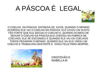 A PÁSCOA É LEGAL
O COELHO DA PÁSCOA ENTREGA OS OVOS. QUANDO O MENINO
ACORDOU ELE VIU O COELHO DA PÁSCOA. ELE LEVOU UM SUSTO
TÃO FORTE QUE ELE SEGUIU O COELHO E, QUANDO ACABOU DE
SEGUIR O COELHO DA PÁSCOA,ELE CHEGOU NA FÁBRICA DE
COELHOS. ELE SE ESCONDEU E QUANDO ELE VIU OS COELHOS
TODOS PEGARAM O MENINO. QUANDO ELE VIU ELE VIROU UM
COELHO E TRABALHOU BASTANTE E VIVEU FELIZ PARA SEMPRE.
CRISTÓVÃO E
ISABELLA M
 