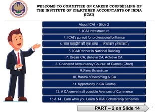 The Institute of Chartered Accountants of India 1
WELCOME TO COMMITTEE ON CAREER COUNSELLING OF
THE INSTITUTE OF CHARTERED ACCOUNTANTS OF INDIA
(ICAI)
About ICAI - Slide 2
3. ICAI Infrastructure
4. ICAI’s pursuit for professional brilliance
5. सात महाद्वीप ों की एक भाषा … लेखाोंकन (लेखाकमम)
6. ICAI Partner in National Building
7. Dream CA, Believe CA, Achieve CA
8. Chartered Accountancy Course: At Glance (Chart)
9.Fees Structure
10. Mantra of becoming A CA
PART – 2 on Slide 14
11. Opportunity in CA Course
12. A CA serve in all possible Avenues of Commerce
13 & 14 . Earn while you Learn & ICAI Scholarship Schemes
 