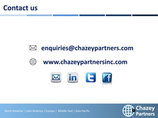 North America | Latin America | Europe | Middle East & Africa | Asia-Pacific
36
North America | Latin America | Europe | Middle East | Asia-Pacific
Contact us
enquiries@chazeypartners.com
www.chazeypartnersinc.com
enquiries@chazeypartners.com
 
