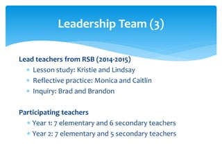Leadership Team (3) 
Lead teachers from RSB (2014-2015) 
 Lesson study: Kristie and Lindsay 
 Reflective practice: Monica and Caitlin 
 Inquiry: Brad and Brandon 
Participating teachers 
 Year 1: 7 elementary and 6 secondary teachers 
 Year 2: 7 elementary and 5 secondary teachers 
